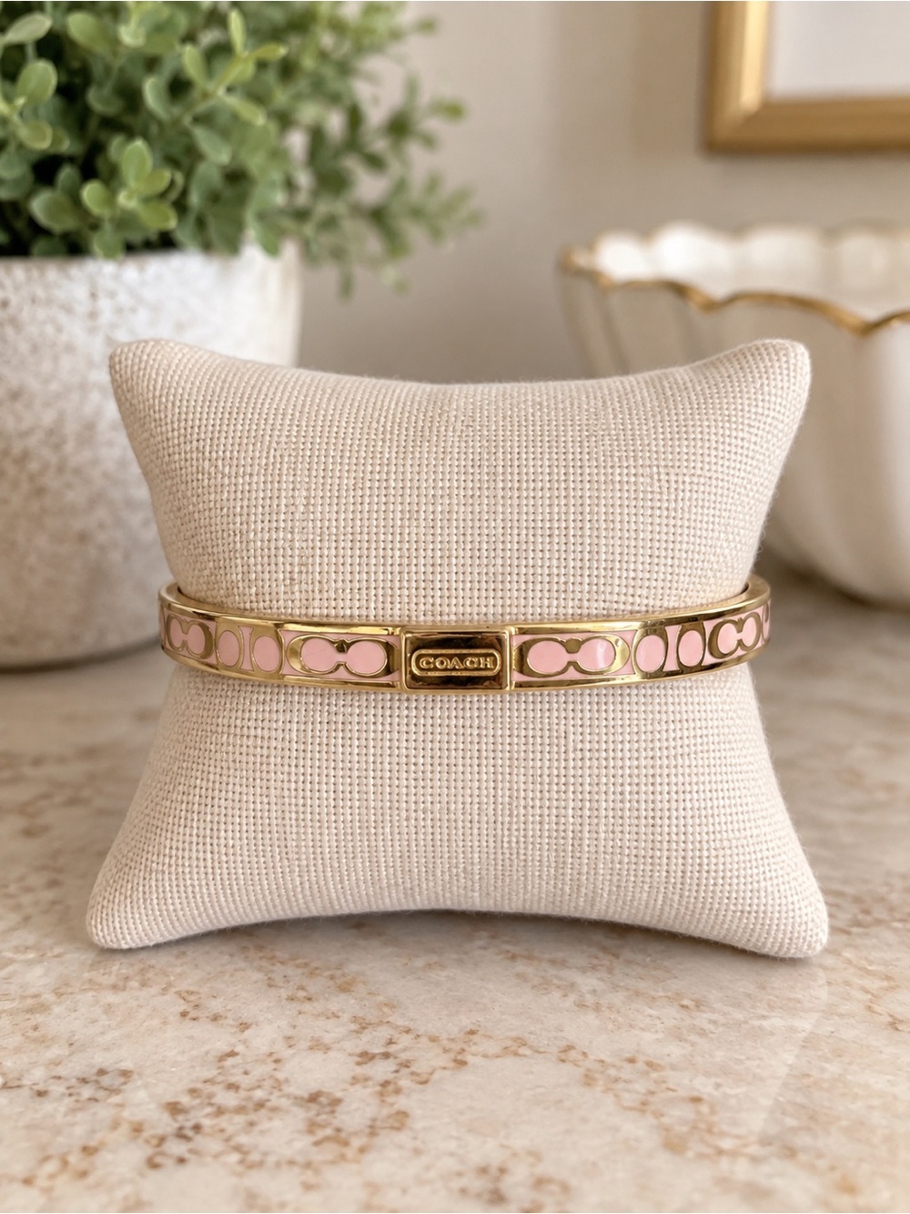 Coach Pink Enamel Signature Bangle with Gold Tone Trim